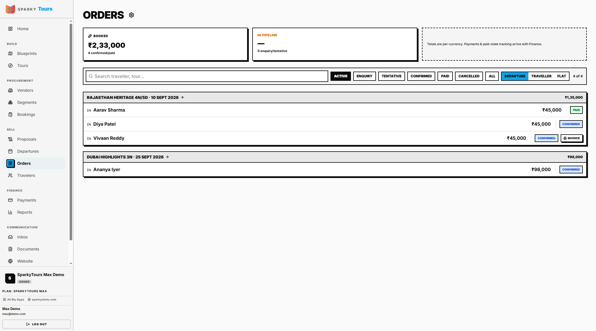Orders list after confirming an enquiry — invoice link appears