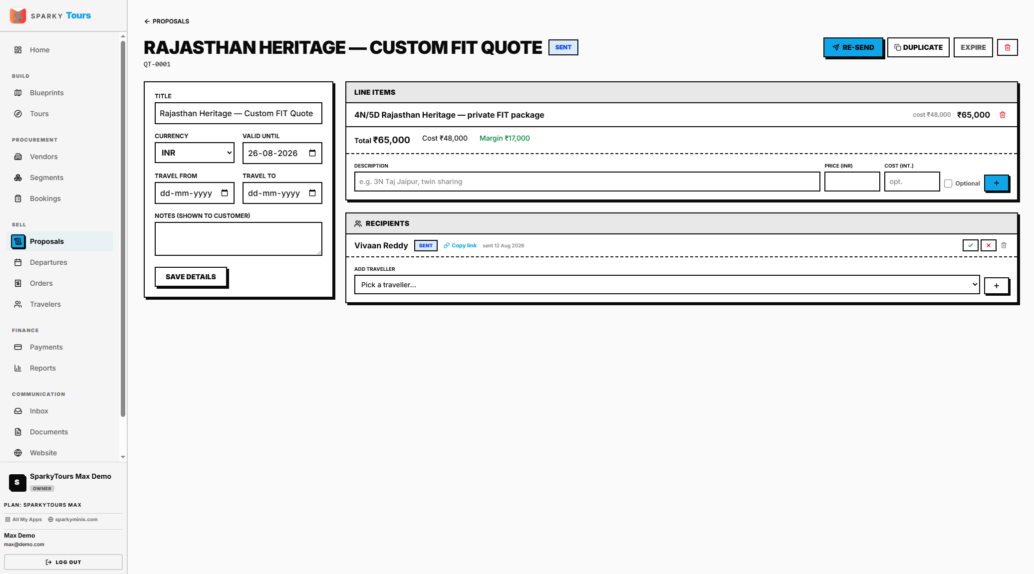Proposal detail — line items, recipient, and sent status