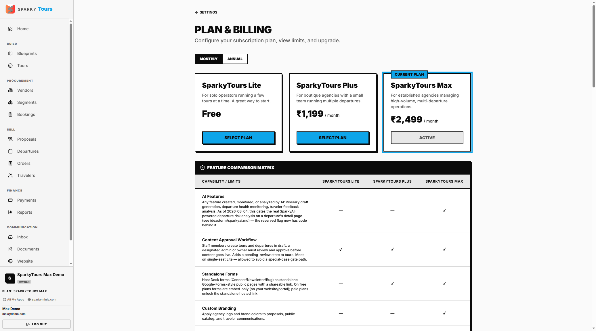 Billing — plan comparison