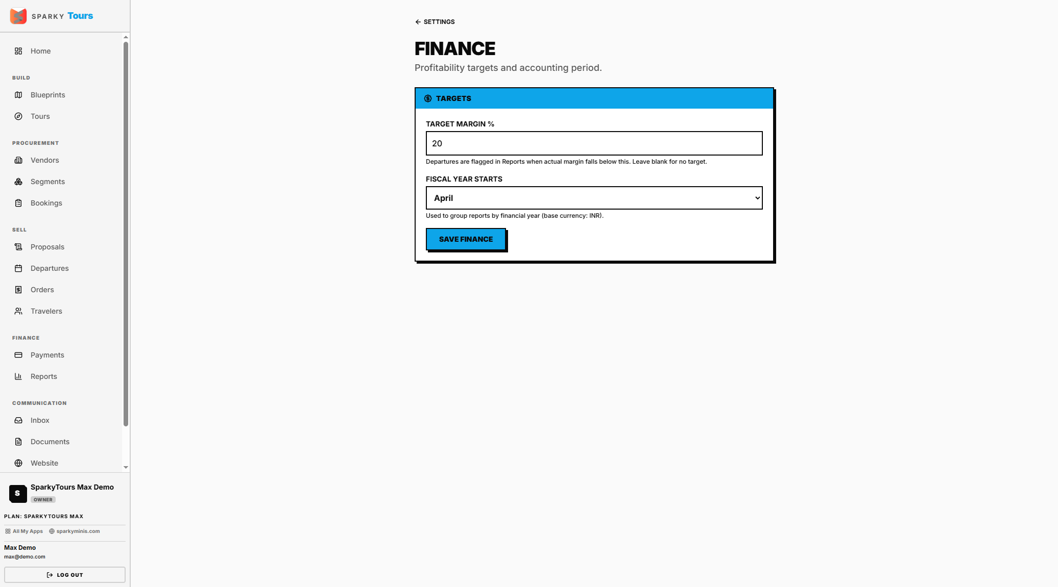 Finance settings