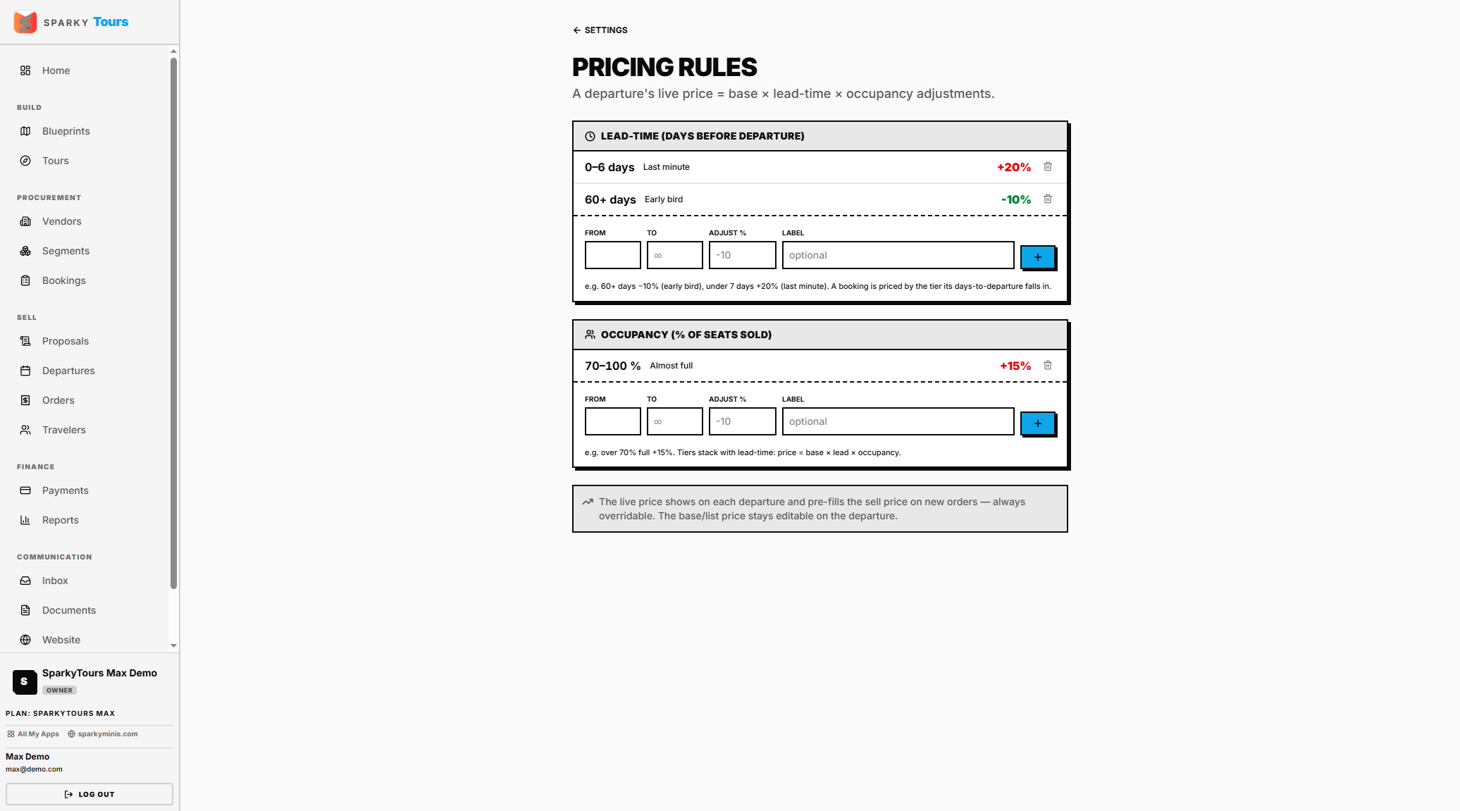 Pricing rules settings