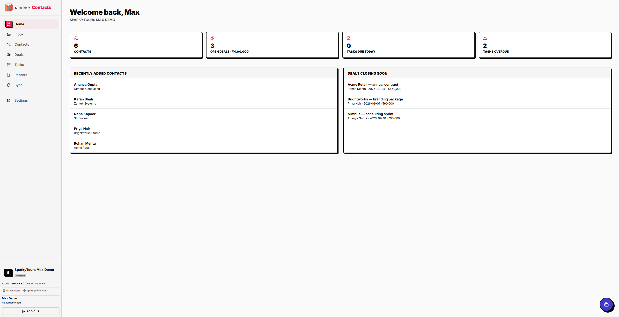 Home dashboard with stats