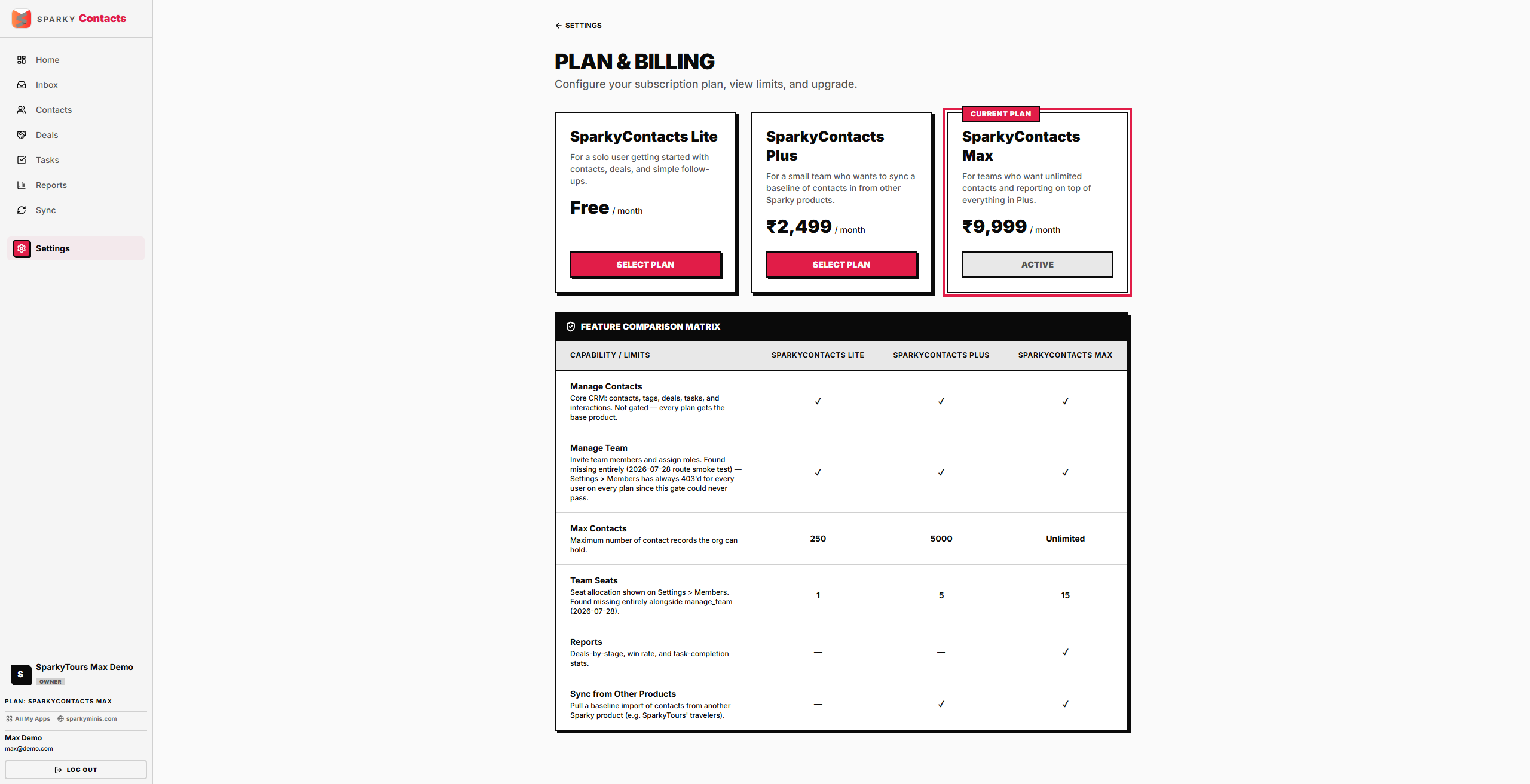 Billing / plan settings