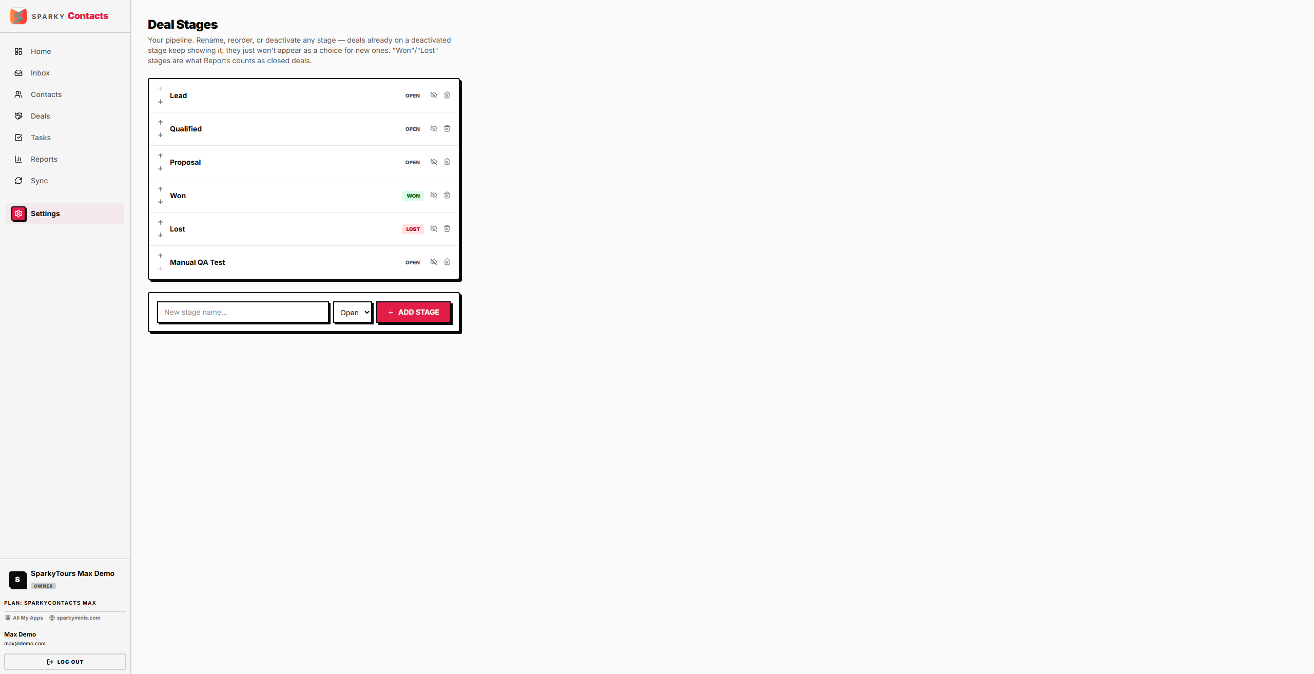 Deal Stages settings