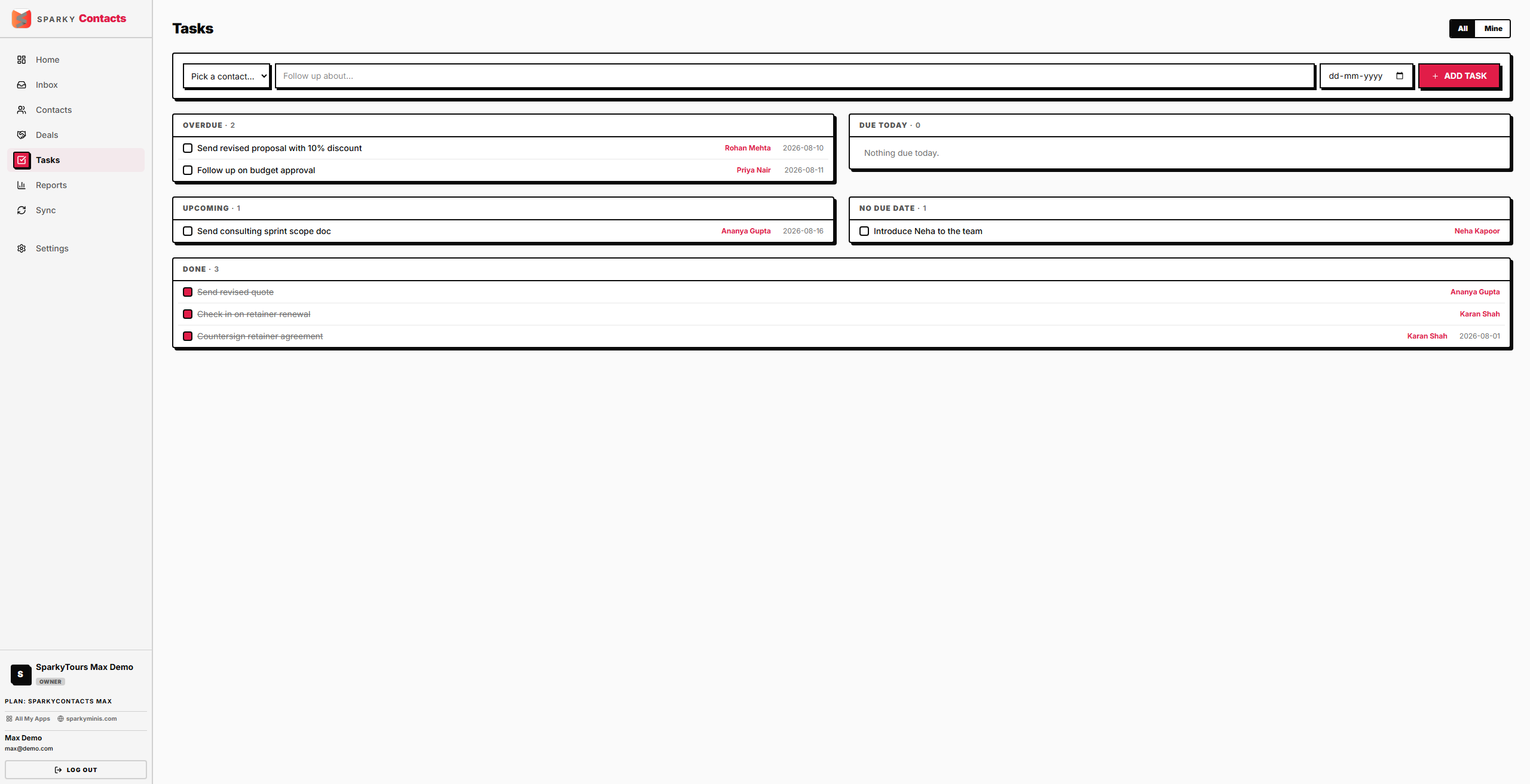 Tasks list grouped by due date
