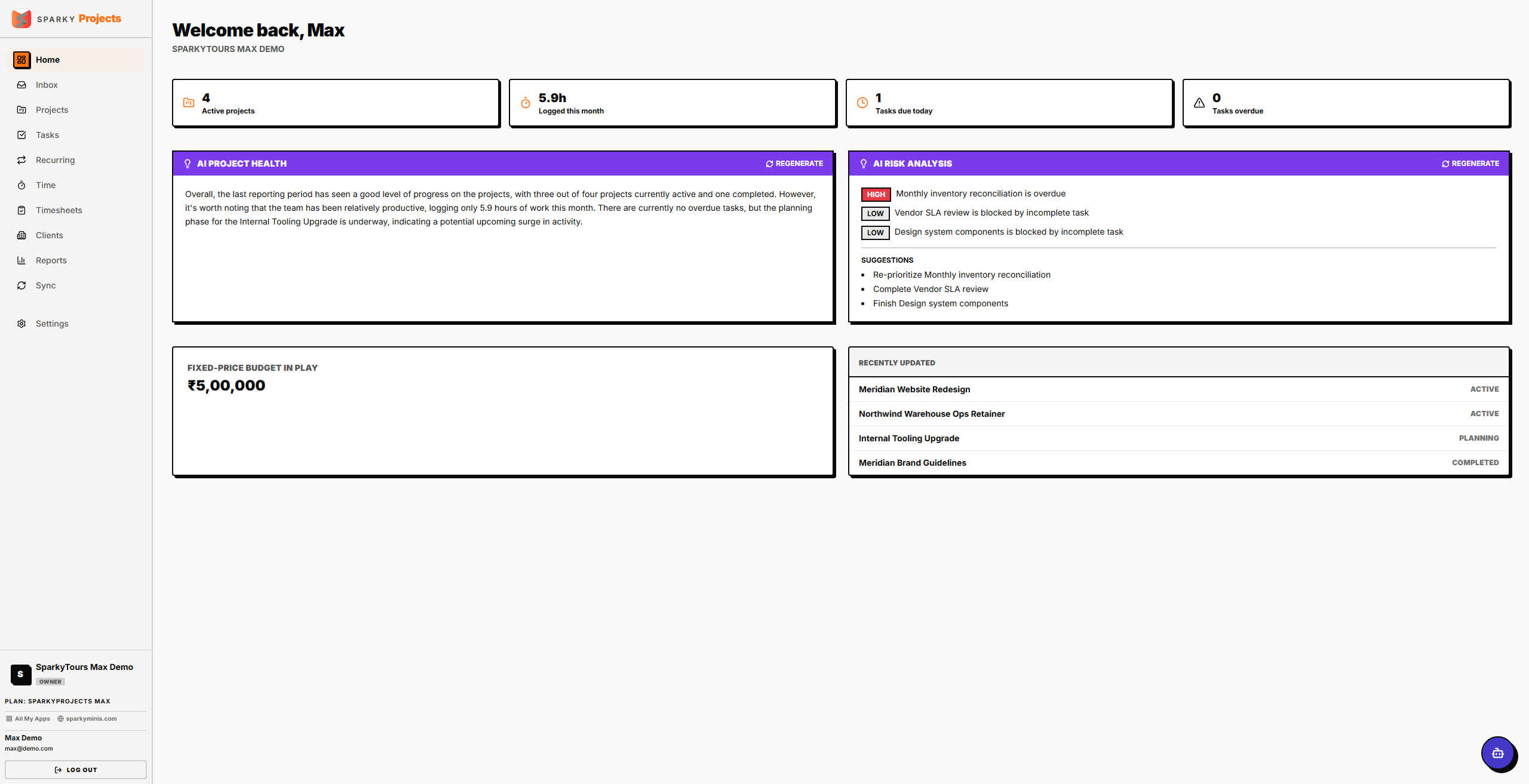 Home dashboard with stats