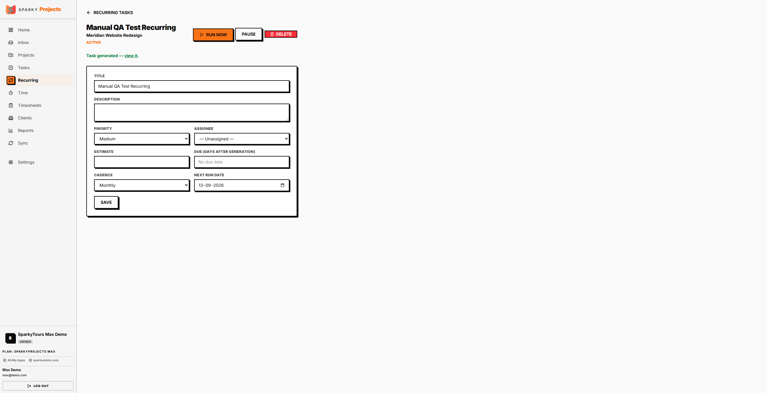 Recurring template detail page after Run Now