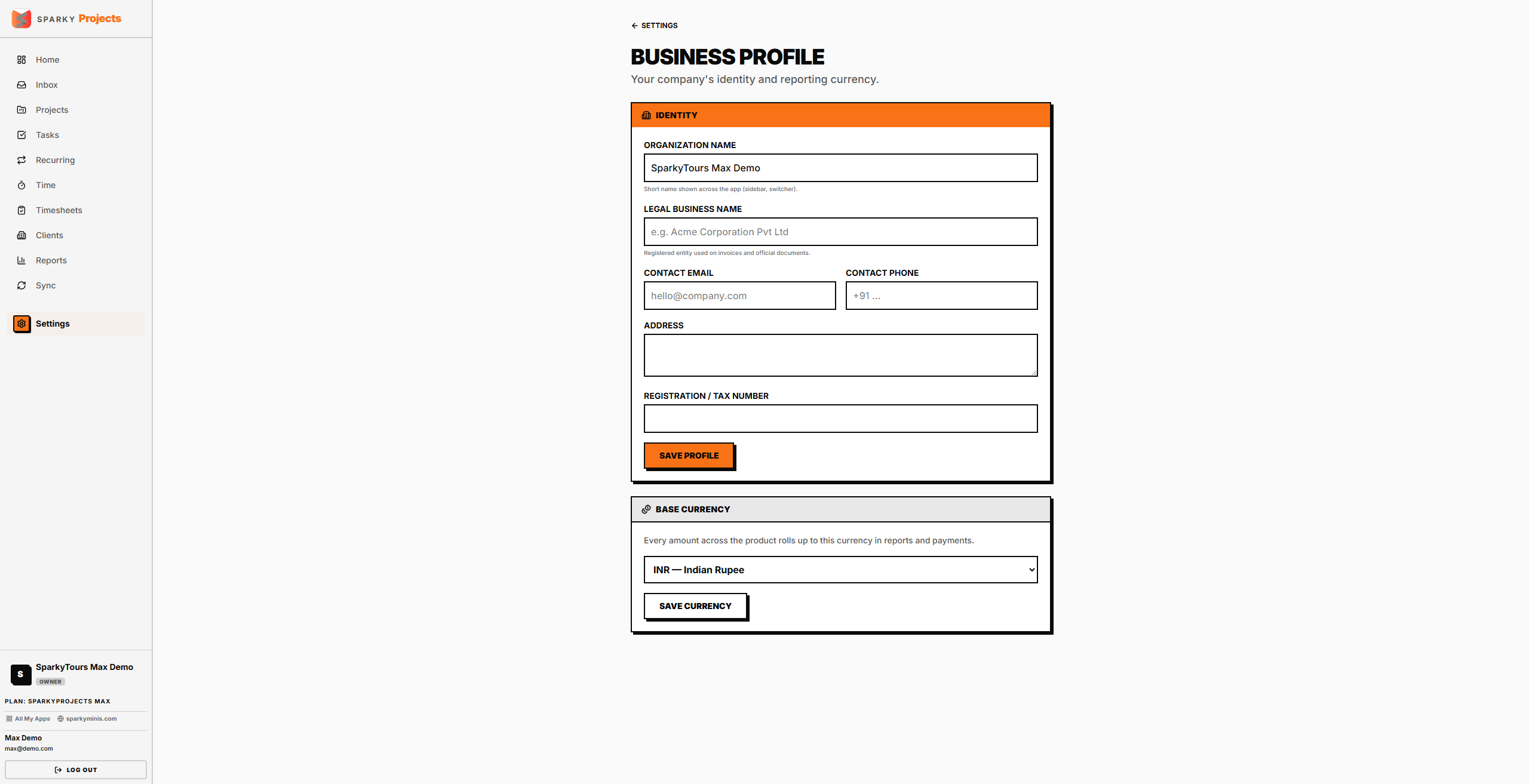 Business settings