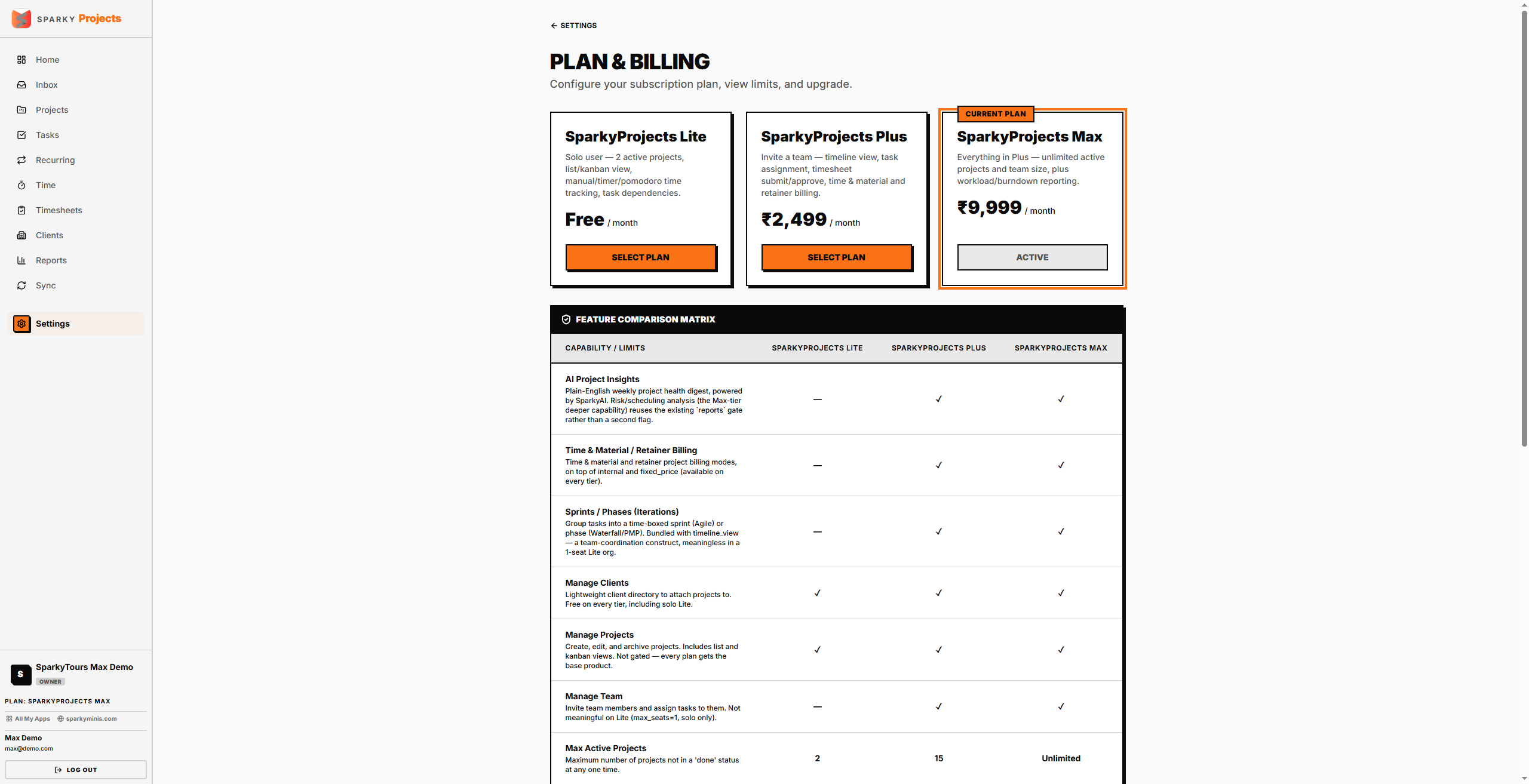 Billing / plan settings