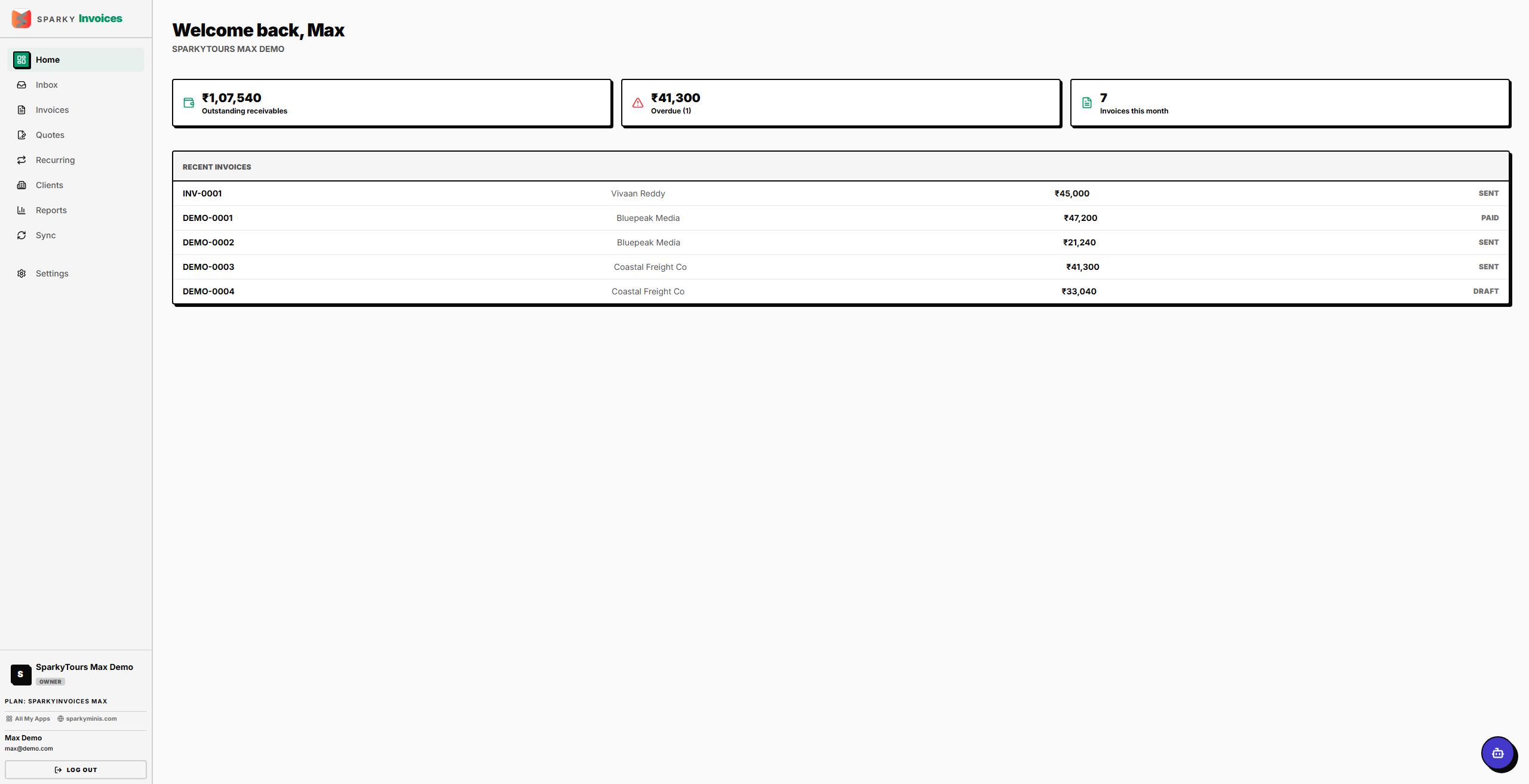 Home dashboard with stats