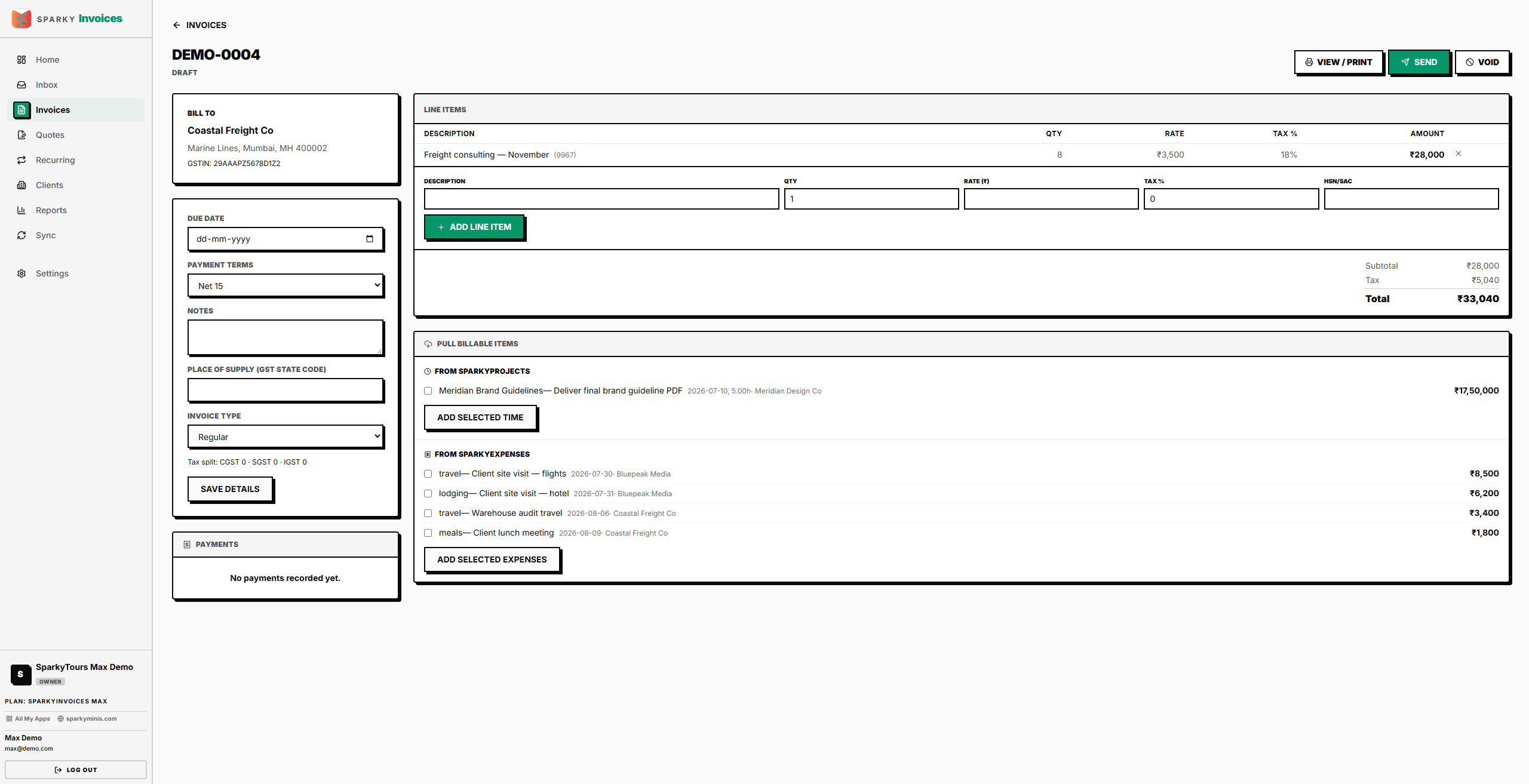 Invoice detail page with line items and pull-billable-items panel