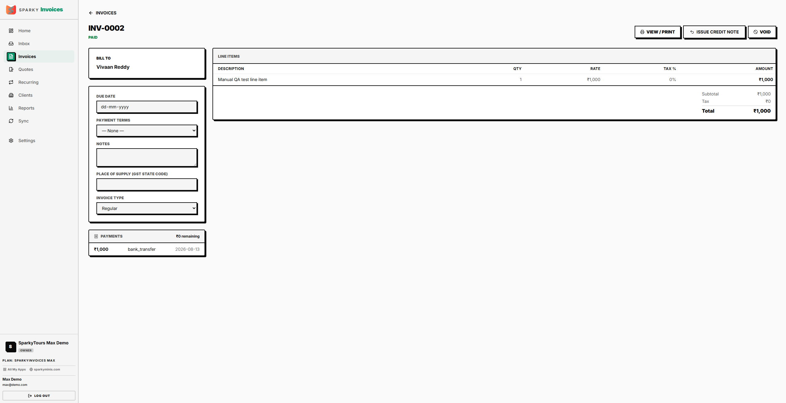 Paid invoice with a credit note issued against it