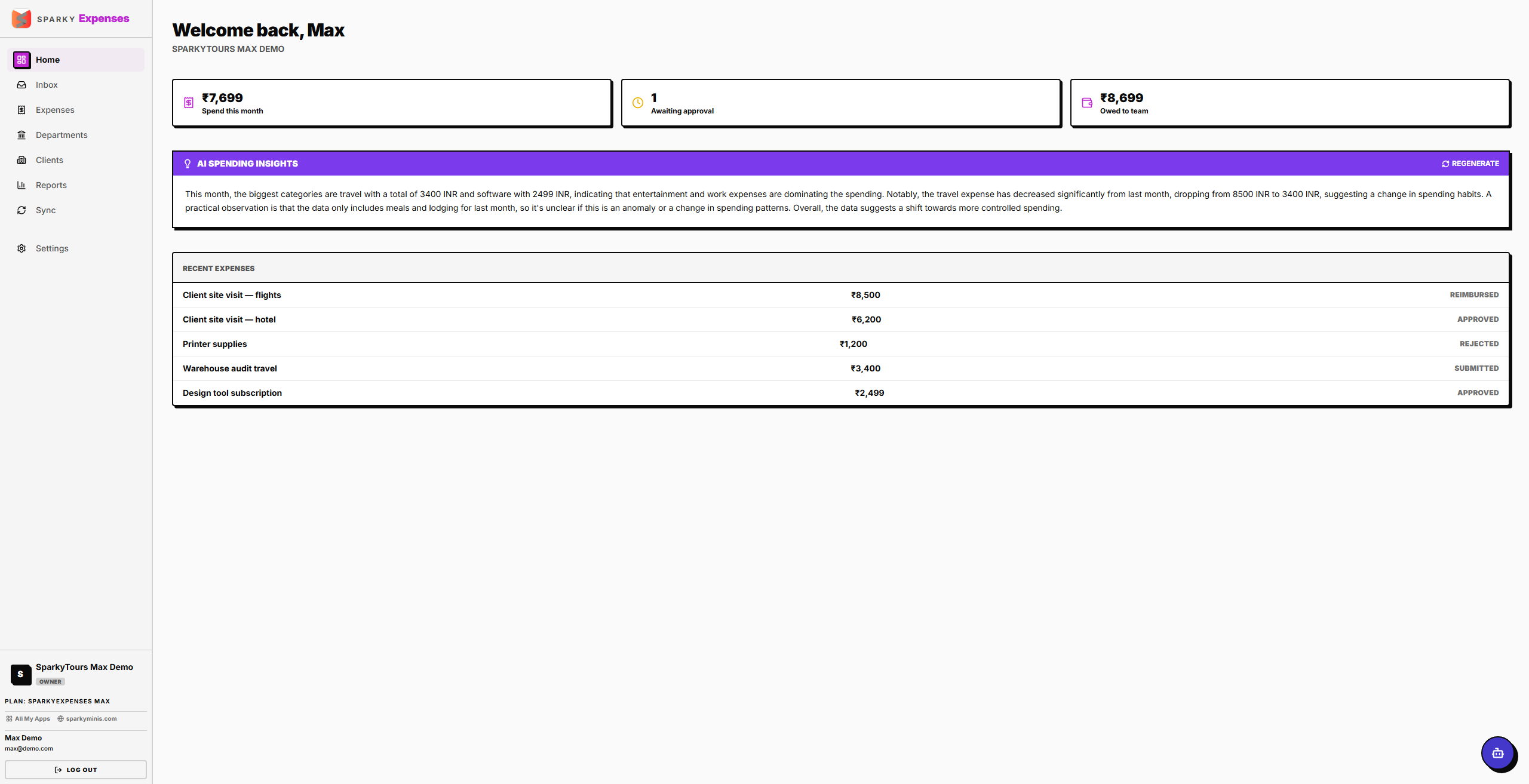 Home dashboard with stats