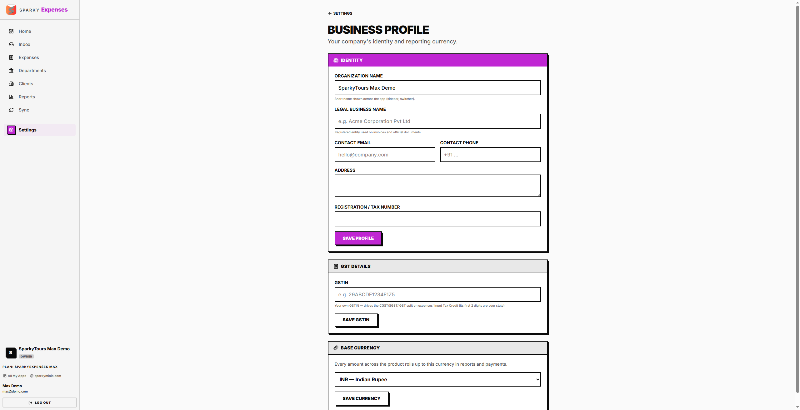 Business settings