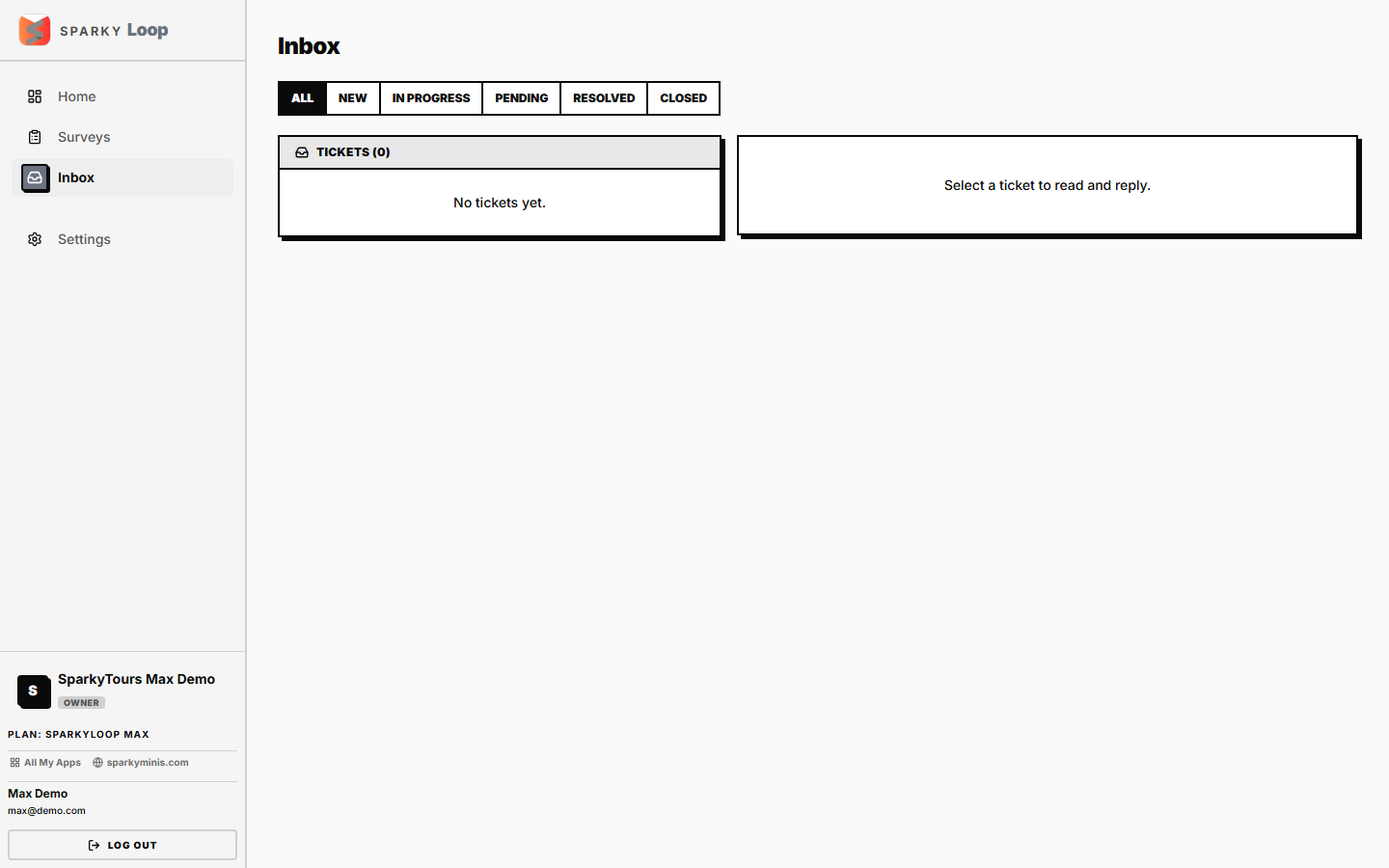 Inbox, no tickets yet