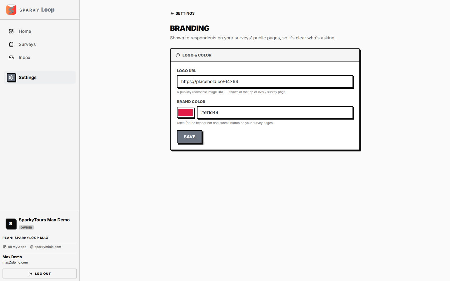 Branding settings — logo and color for public survey pages