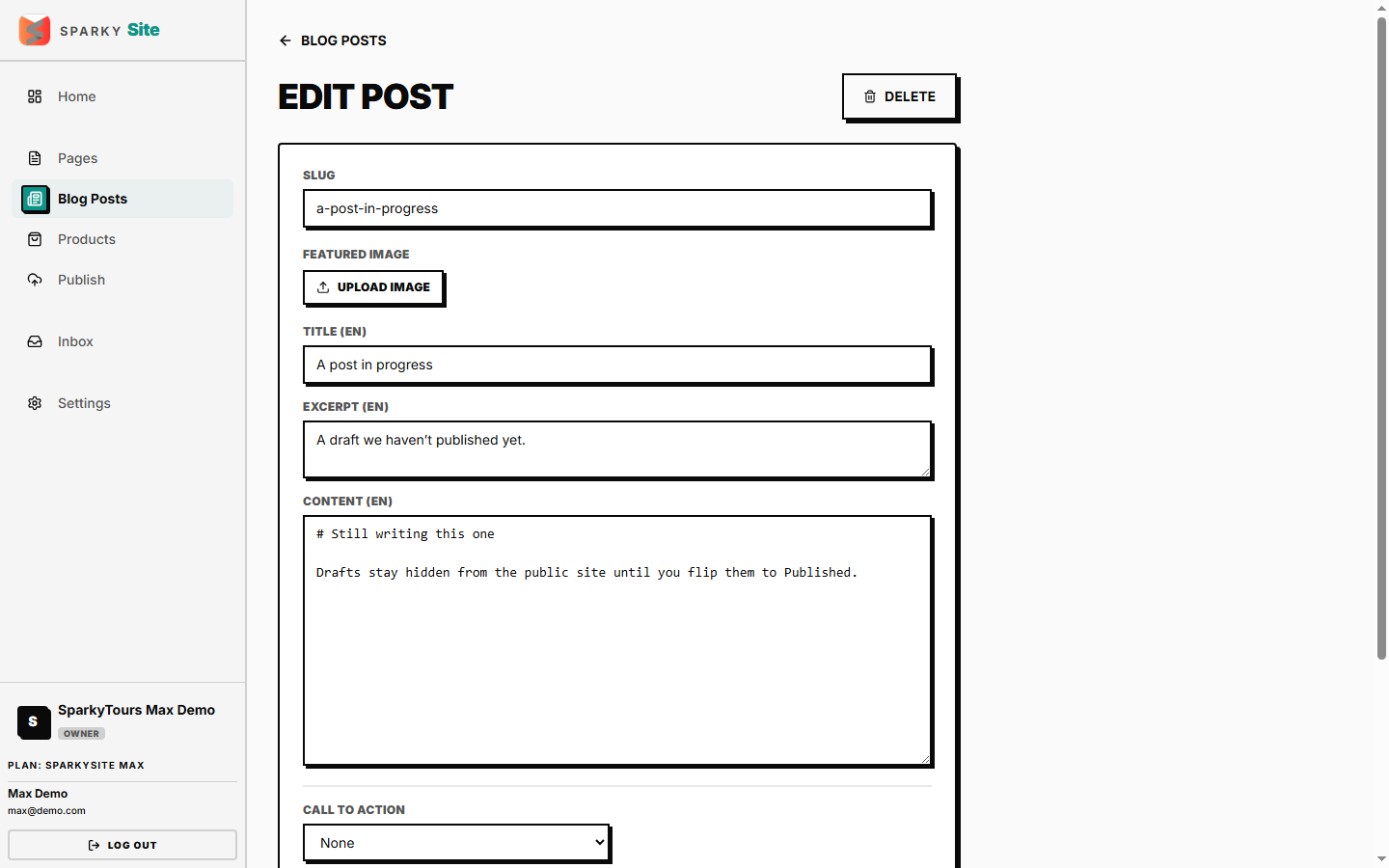 Editing a draft post, with categories and a call-to-action picker