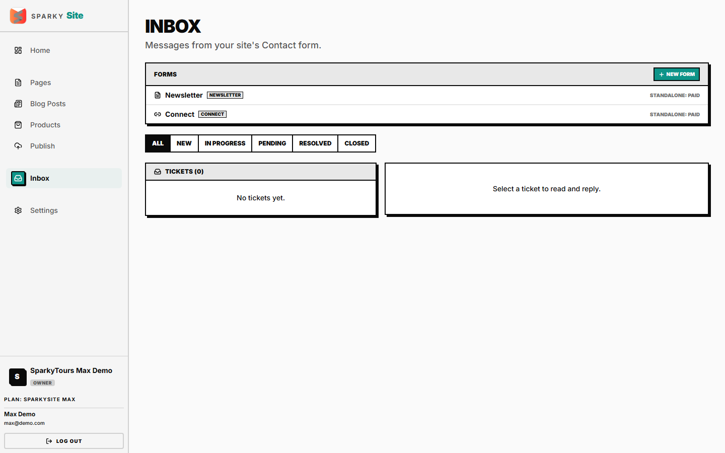 Inbox with two real forms (Newsletter, Connect)