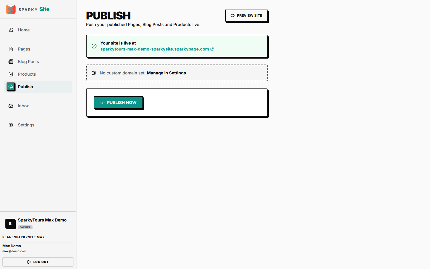 A successful publish, with the real live site link