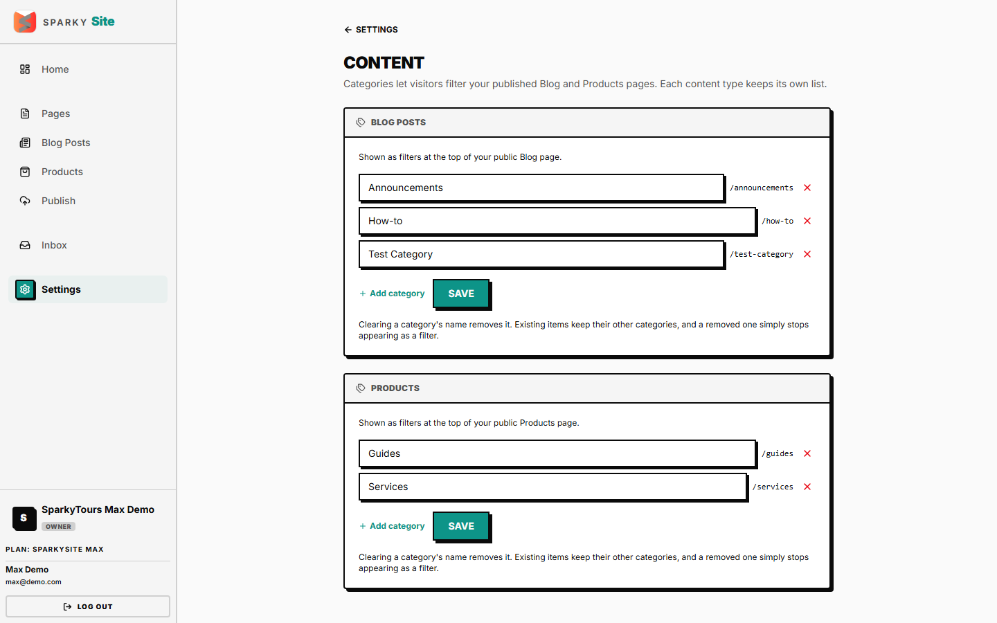 Content settings — Blog Posts and Products categories