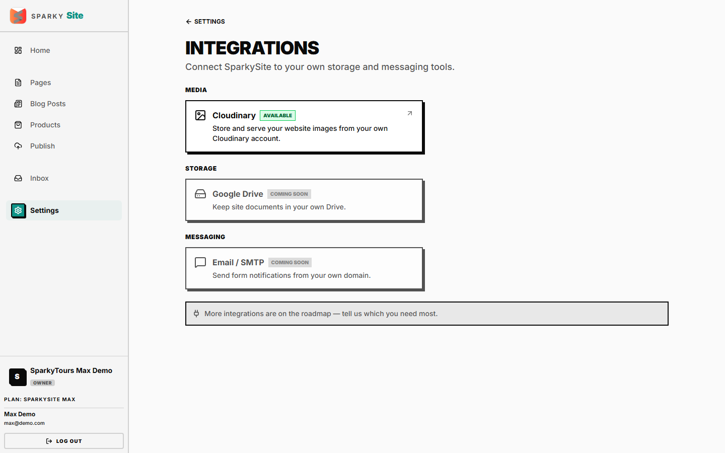 Integrations hub — Cloudinary, with Google Drive and Email/SMTP as "Coming soon"