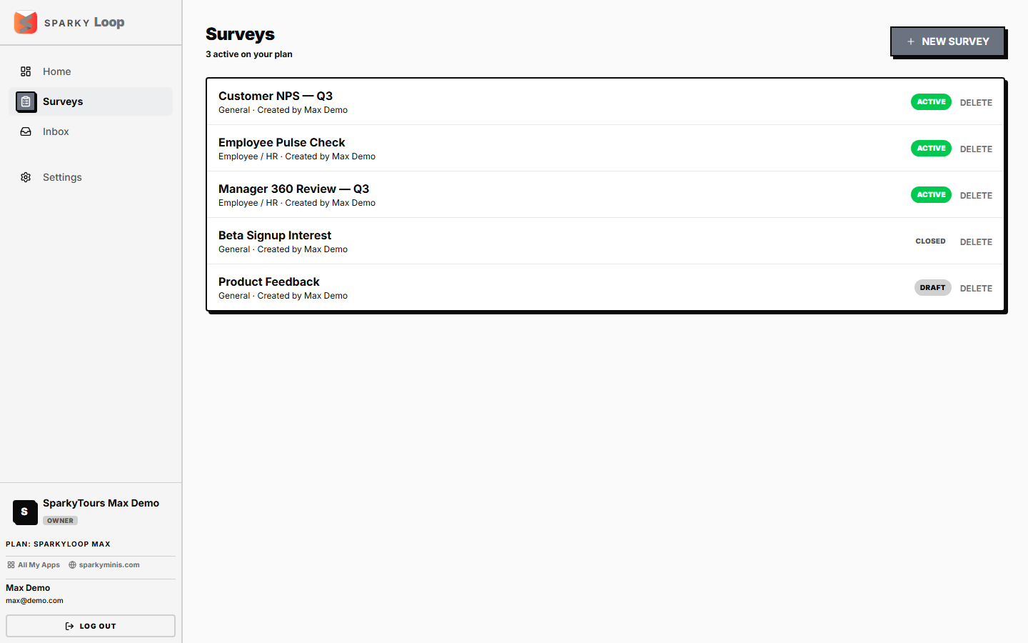 Surveys list — active, closed, and draft surveys