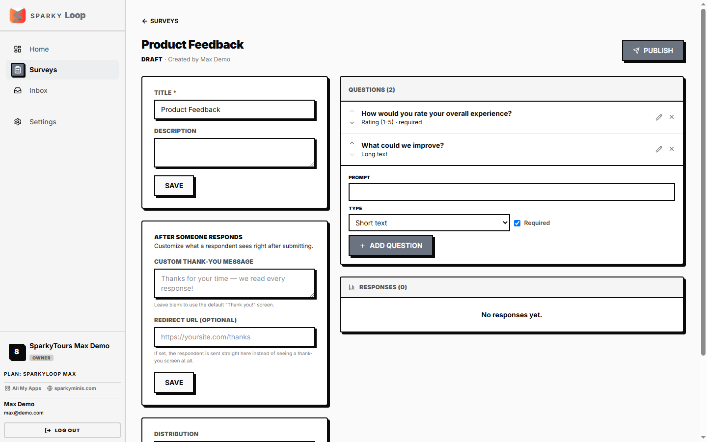 Editing a draft survey — meta, thank-you/redirect, distribution, and question builder