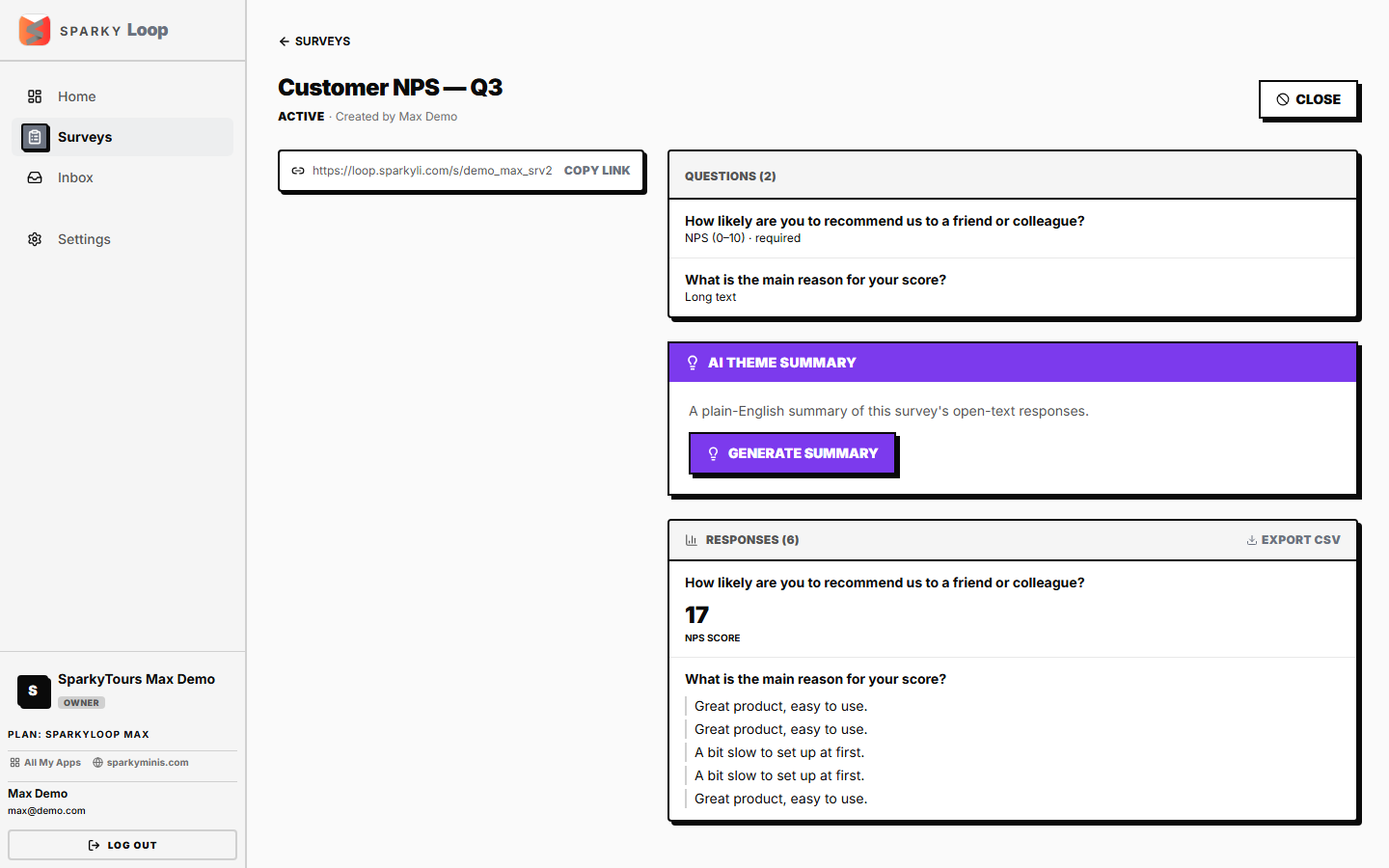 A published NPS survey — public link, questions, and real responses