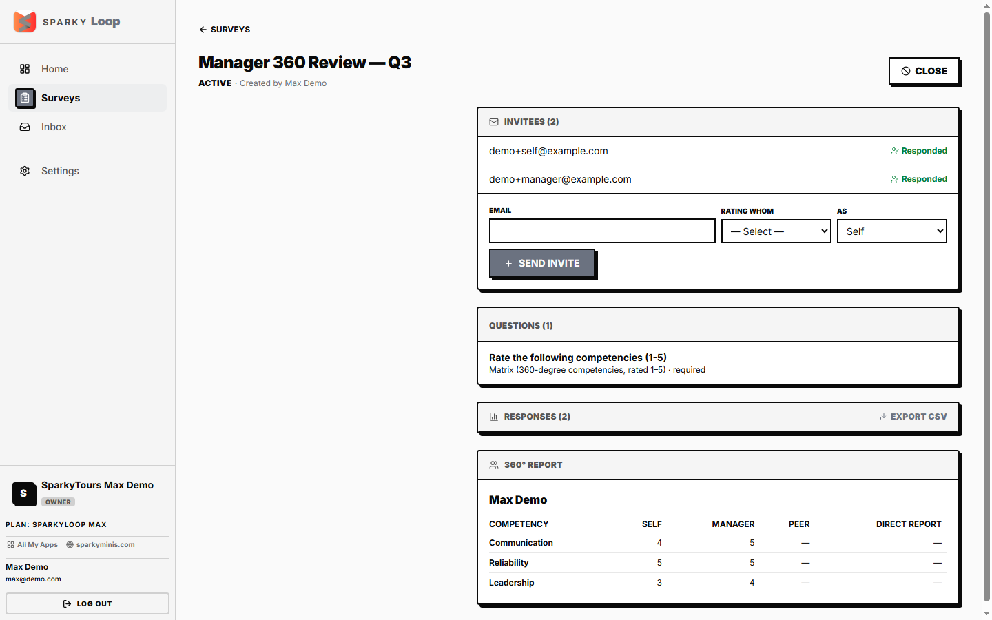 360 review report — competencies rated by self and manager, side by side