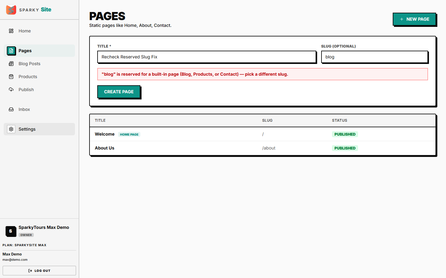 Attempting a reserved slug — a clear inline error, after the fix