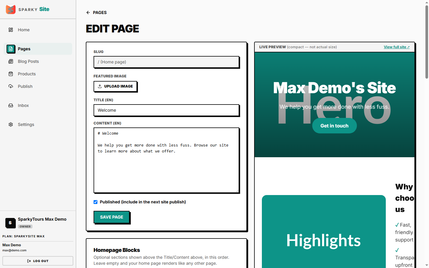 Home page's block-based editor with live preview