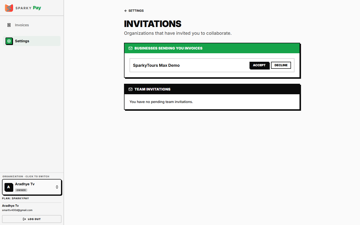 A pending invoice-access invite, discoverable under Settings → Invitations