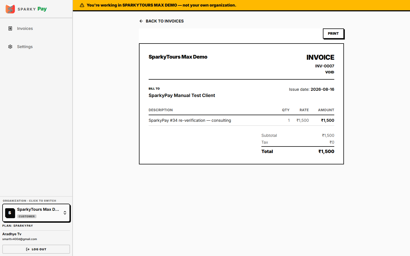An invoice, open in full detail — letterhead, bill-to, line items, and totals