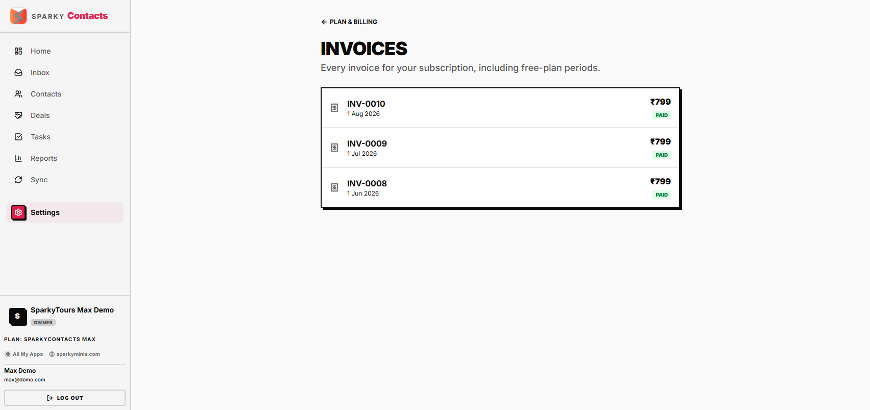 SparkyContacts invoices list, Max plan, 3 invoices