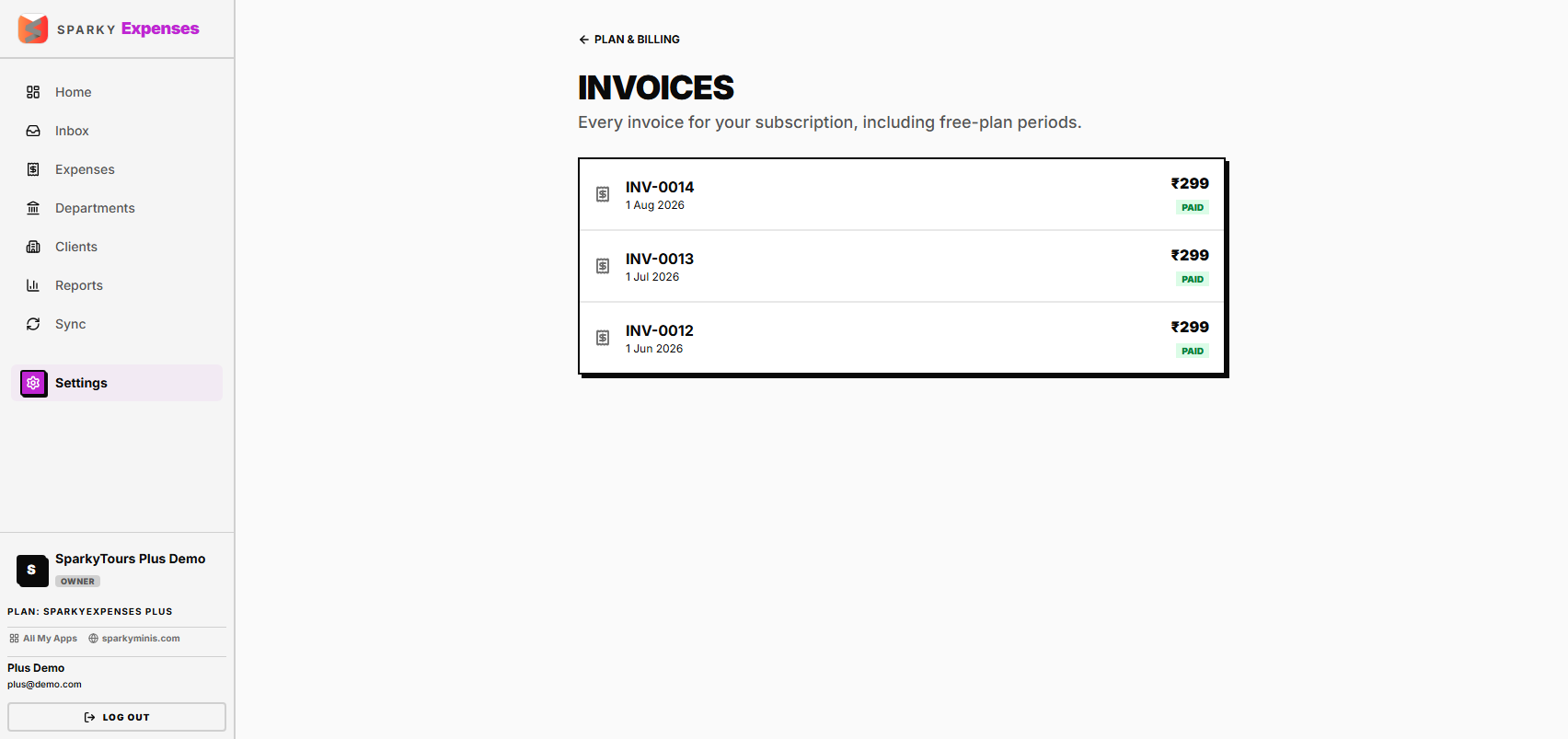 SparkyExpenses invoices list, Plus plan, 3 invoices