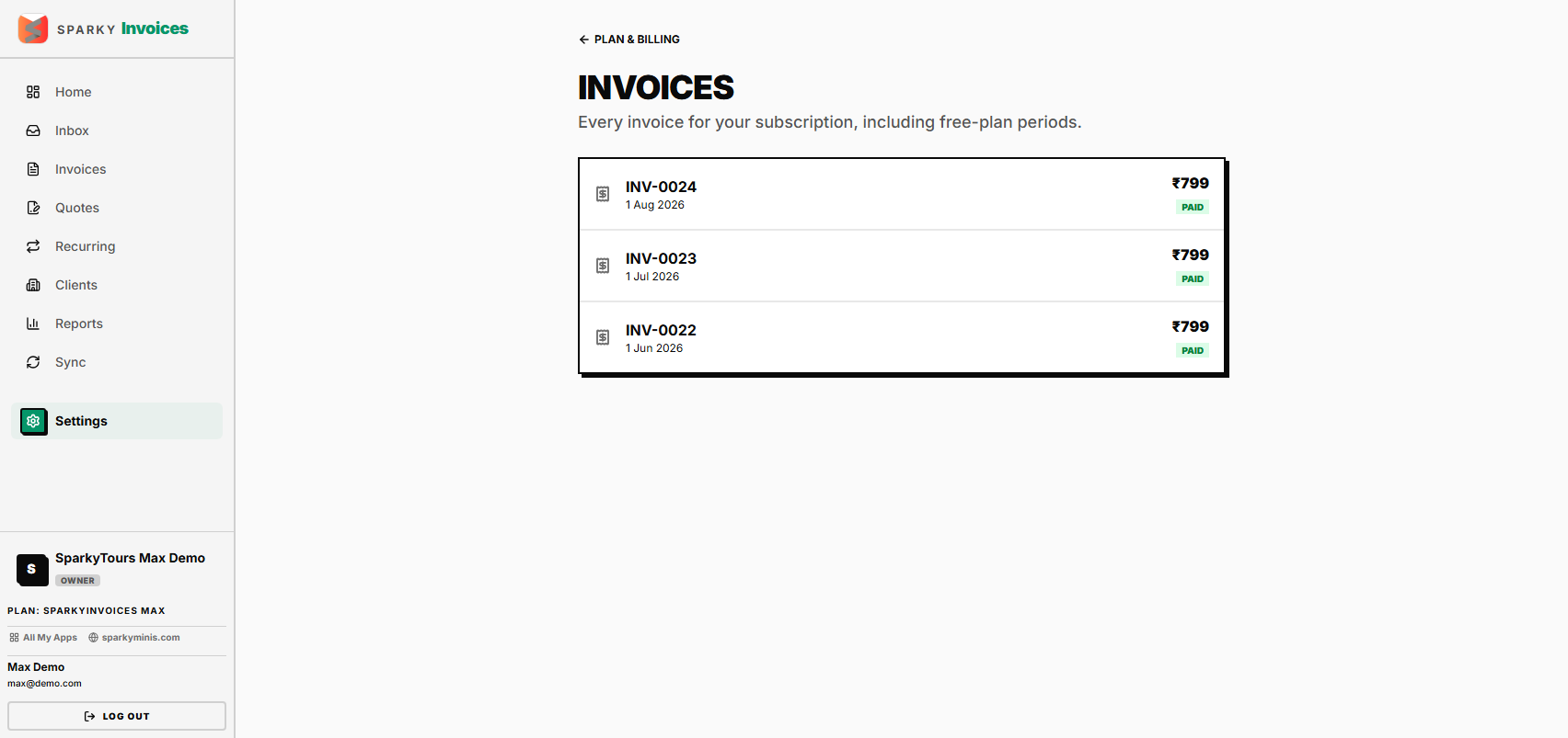 SparkyInvoices invoices list, Max plan, 3 invoices
