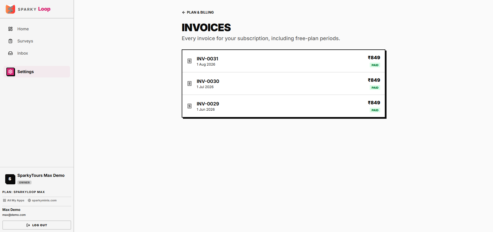 SparkyLoop invoices list, Max plan, 3 invoices