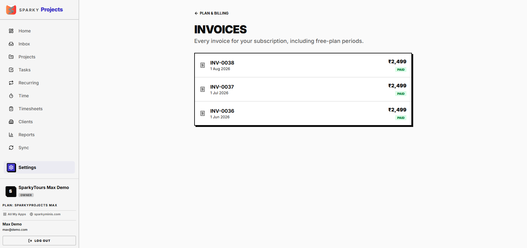 SparkyProjects invoices list, Max plan, 3 invoices