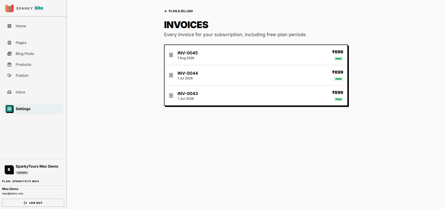 SparkySite invoices list, Max plan, 3 invoices