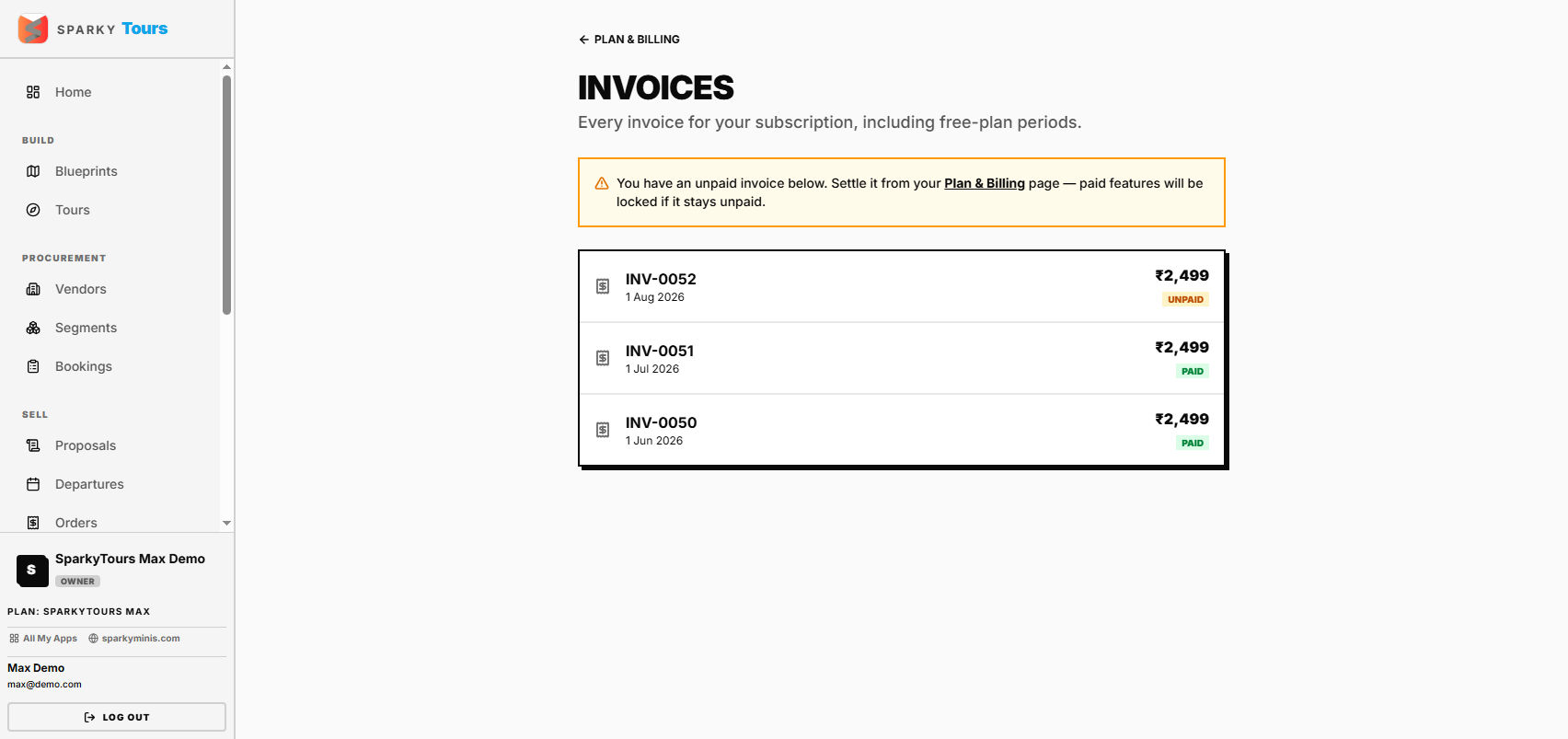 SparkyTours invoices list, Max plan, one deliberately unpaid