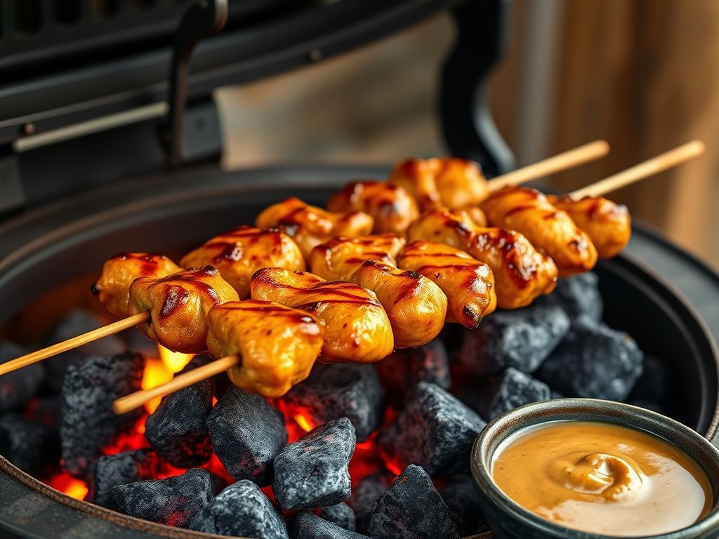 Singapore satay chicken skewers grilling over charcoal on a kamado grill