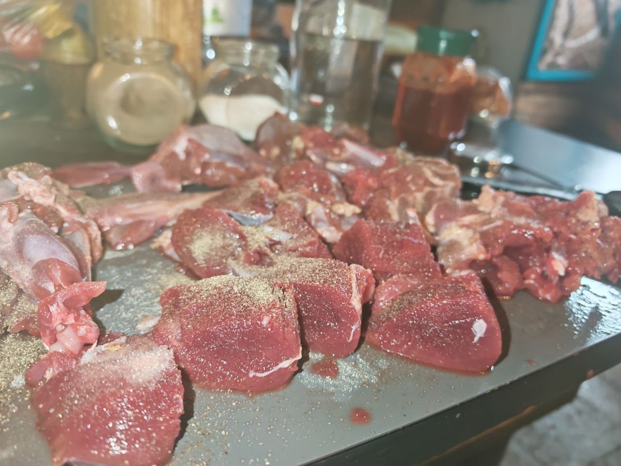 Prepared wild rabbit pieces before cooking