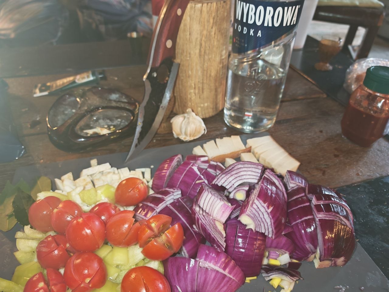 Onions and ingredients cooking in the ranch kitchen