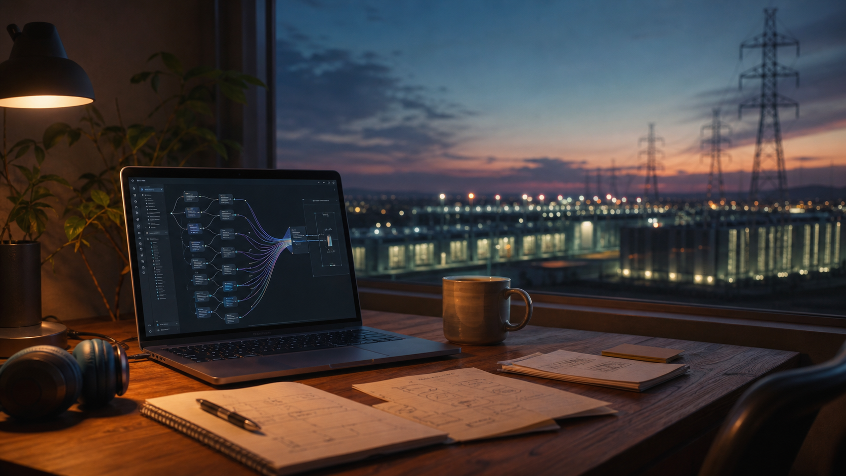 A warm AI workspace with data center lights in the distance, created by Zara Voss