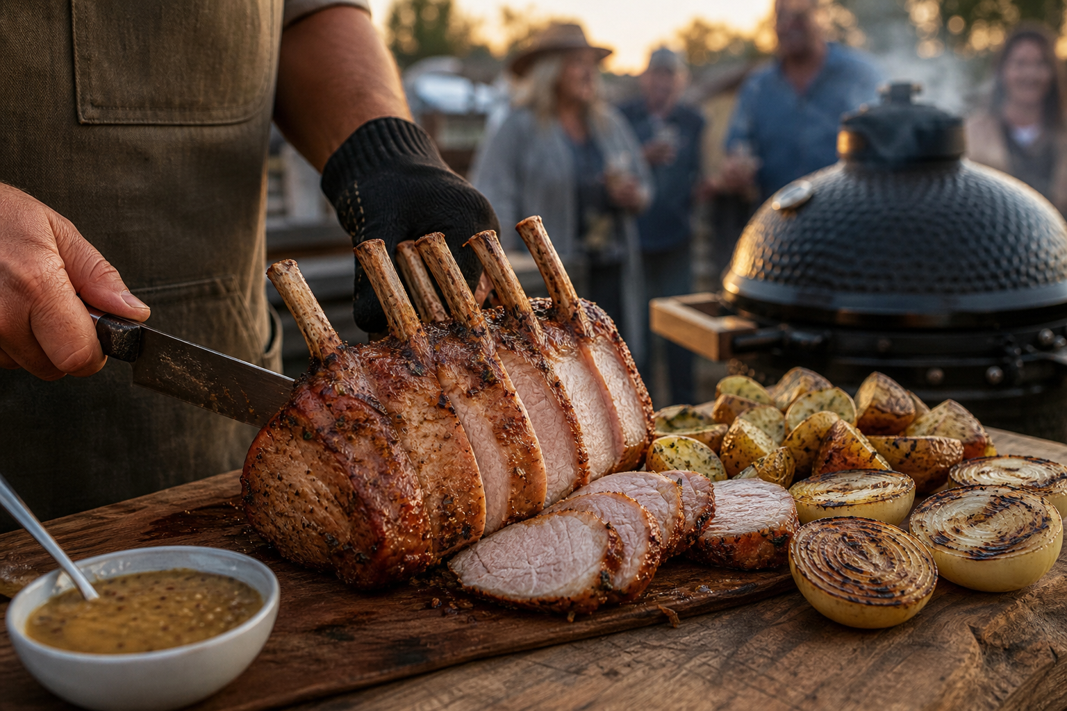 Frenched bone-in pork loin roast with roasted potatoes, grilled onions and apple mustard sauce at a Two Boots Ranch kamado food workshop