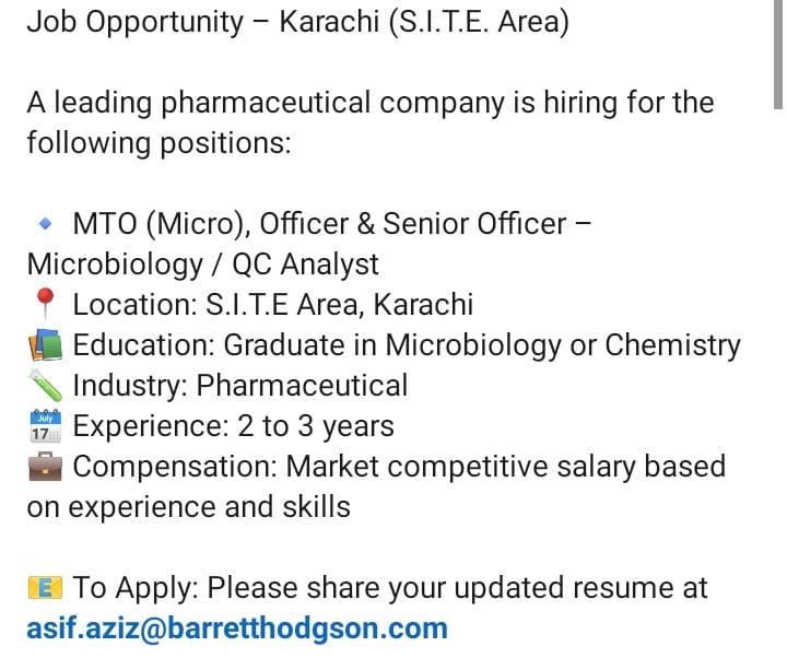 Job Opportunity ΓÇô Karachi (S.I.T.E. Area)