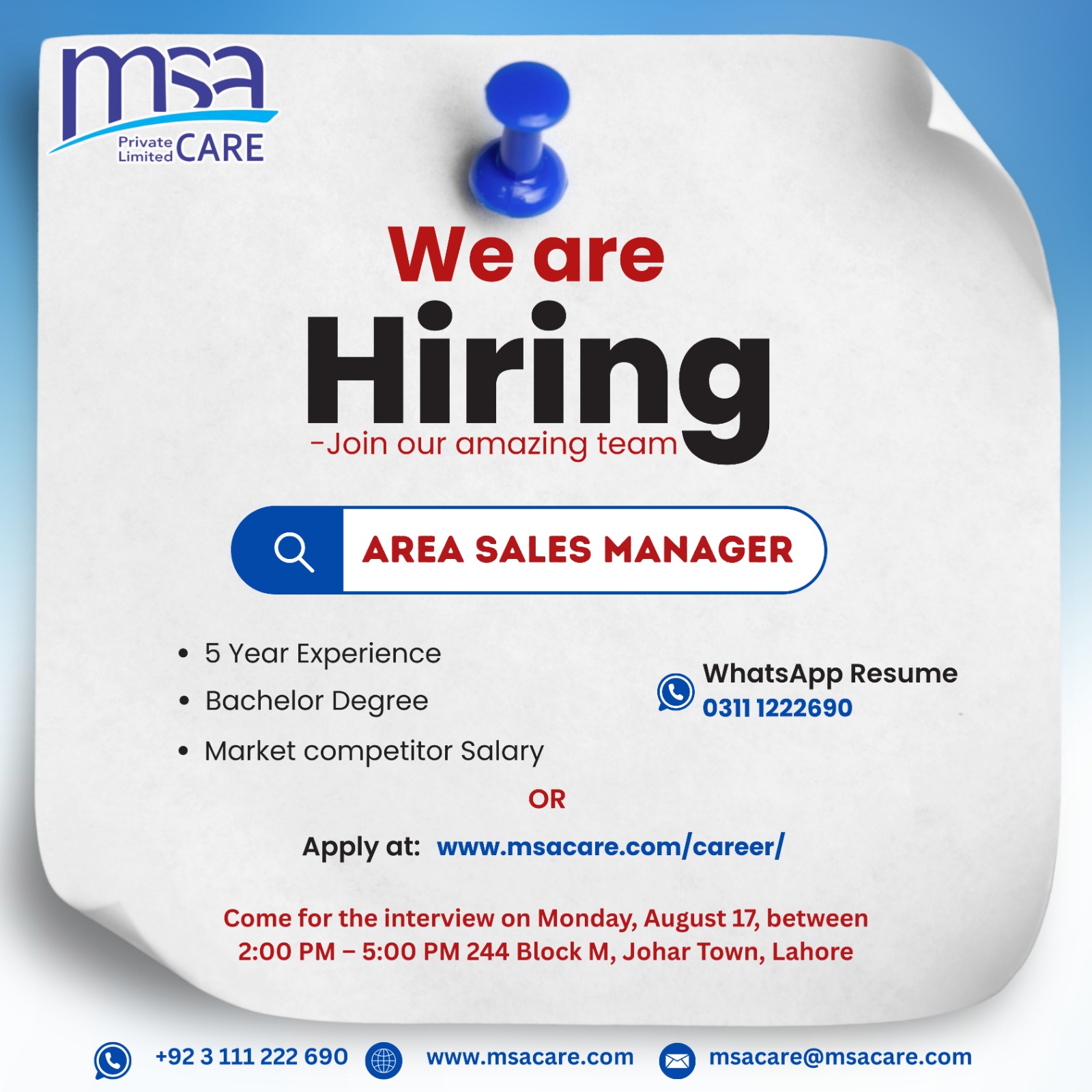 We Are Hiring ΓÇô Area Sales Manager | MSA Care Pvt Ltd