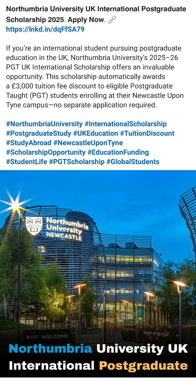 Northumbria University UK International Postgraduate Scholarship 2025ΓÇô26