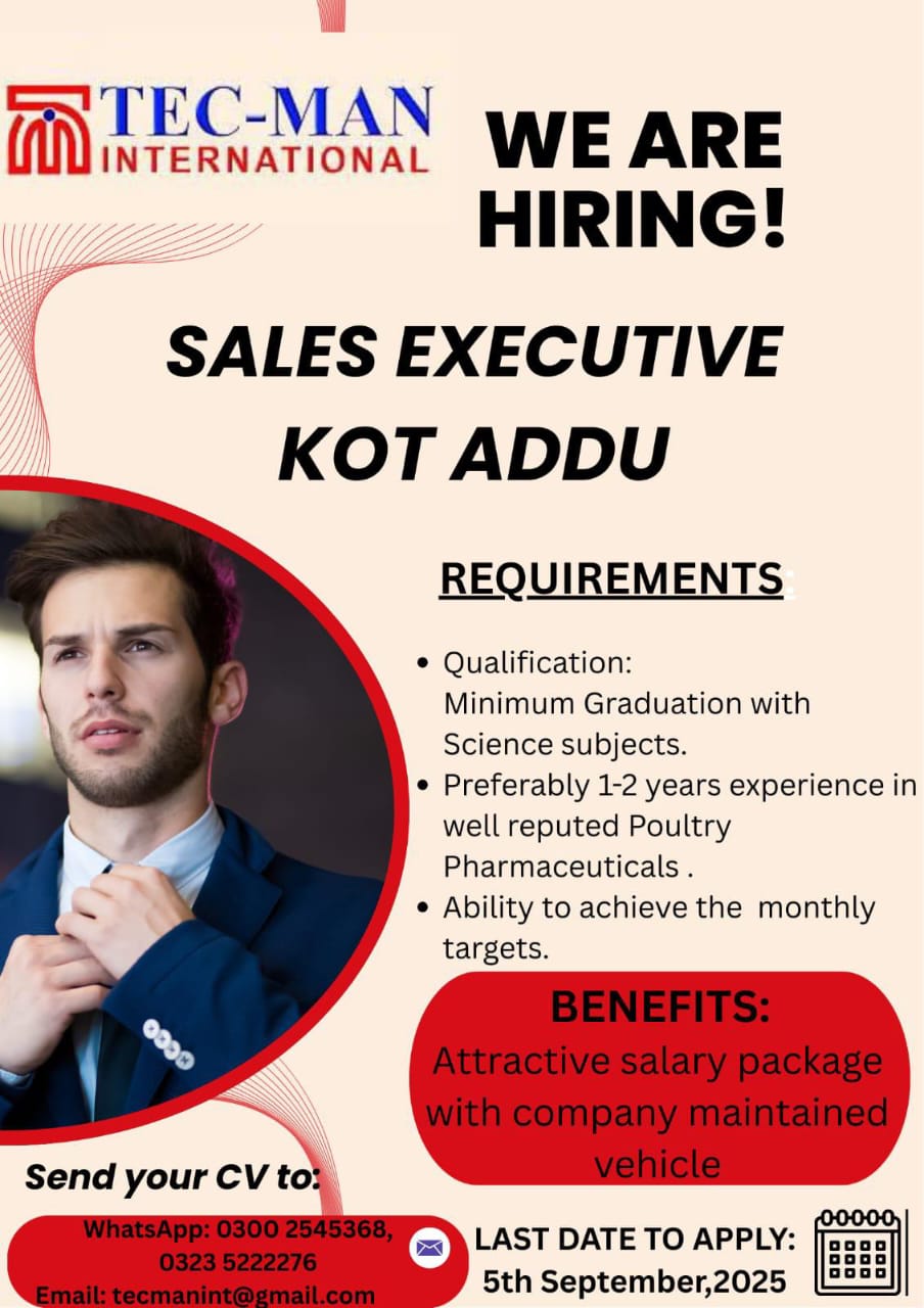 Sales Executive Required ΓÇô Kot Addu (Tec-Man International)