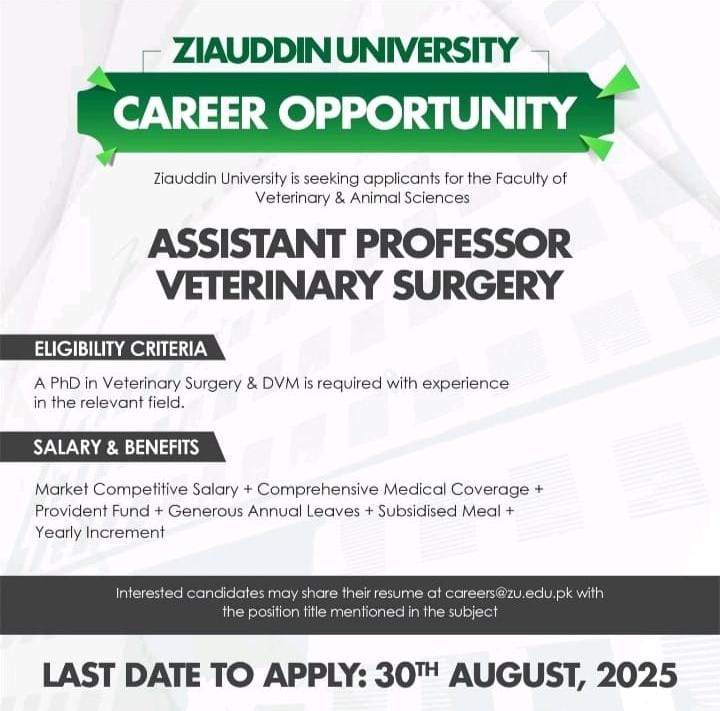 Assistant Professor ΓÇô Veterinary Surgery (Ziauddin University)